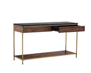Table console contemporaine - plateau en marbre gris, tiroirs et étagères en bois de peuplier jaune et structure en laiton antique