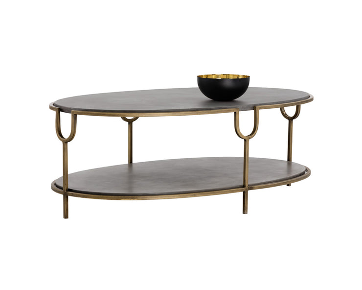 Table contemporaine dotée d'un plateau et d'une étagère inférieure en béton - structure en fer fini laiton antique