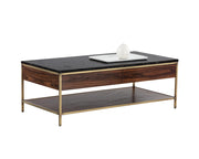 Table à café contemporaine en bois de peuplier jaune - deux tiroirs - cadre métallique fini en laiton antique - plateau en marbre noir