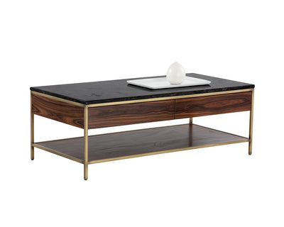 Table à café contemporaine en bois de peuplier jaune - deux tiroirs - cadre métallique fini en laiton antique - plateau en marbre noir