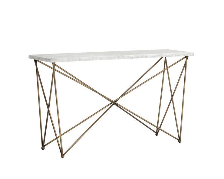 Table console en marbre blanc de Carrare - structure en métal tubulaire géométrique au fini laiton antique