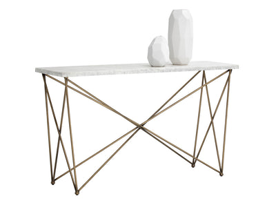 Table console en marbre blanc de Carrare - structure en métal tubulaire géométrique au fini laiton antique