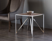 Table d'appoint avec plateau présentant superbe motif en étoile en placage de bois de noyer - base en acier inoxydable poli