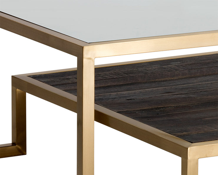 Table contemporaine munie d'un plateau de verre et d'un plateau en orme au fini brun fumé - structure en acier fini or mat