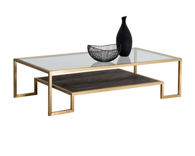 Table contemporaine munie d'un plateau de verre et d'un plateau en orme au fini brun fumé - structure en acier fini or mat