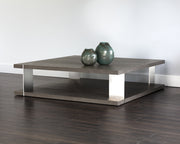 Table carrée contemporaine en chêne - munie d'une étagère pour rangement supplémentaire -  structure en acier inoxydable poli