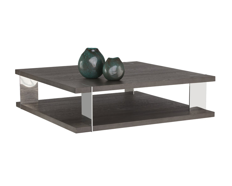Table carrée contemporaine en chêne - munie d'une étagère pour rangement supplémentaire -  structure en acier inoxydable poli