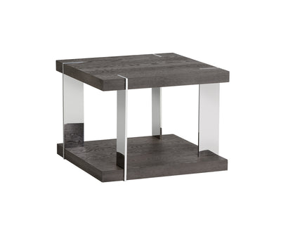 Table d'appoint contemporaine en chêne - munie d'une étagère pour rangement supplémentaire - structure en acier inoxydable poli