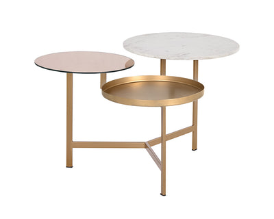 Table dotée de 3 plateaux en marbre blanc, en fer et en verre - base en fer de couleur or
