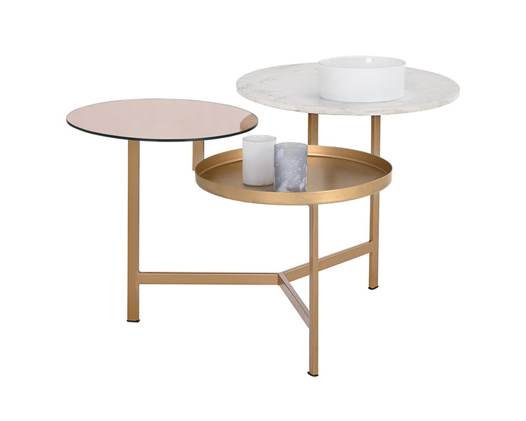 Table dotée de 3 plateaux en marbre blanc, en fer et en verre - base en fer de couleur or