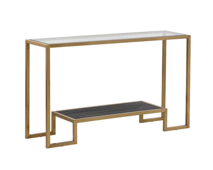 Table console contemporaine munie d'un plateau de verre et d'un plateau en orme au fini brun fumé - structure en acier, fini or mat