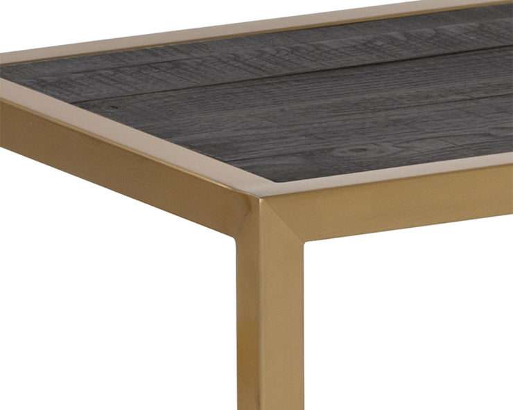 Table console contemporaine munie d'un plateau de verre et d'un plateau en orme au fini brun fumé - structure en acier, fini or mat
