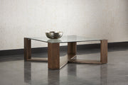 Table rustique carrée - plateau en verre et structure en bois d'acacia