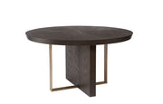 Table ronde en bois d'acacia - base en bois et en fer, fini laiton antique, complètent son look
