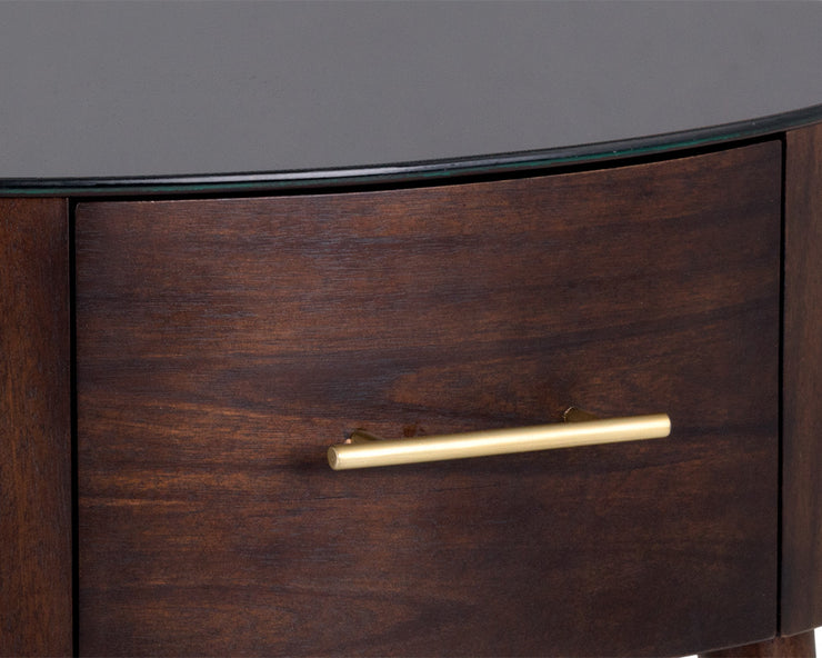 Table de chevet de forme ovale au look rétro - placage de bois d'acacia - plateau en verre trempé noir