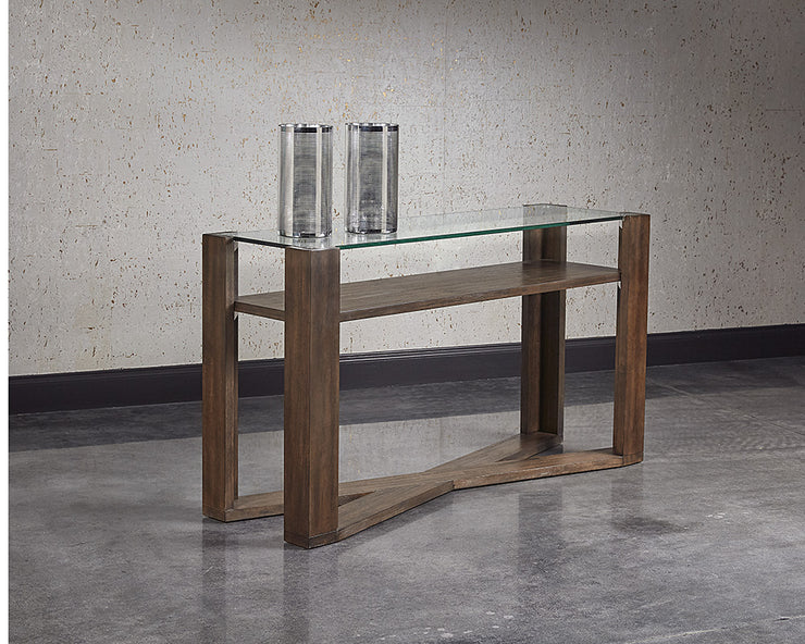 Table console rustique - plateau en verre et structure en bois d'acacia