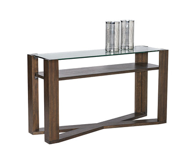 Table console rustique - plateau en verre et structure en bois d'acacia