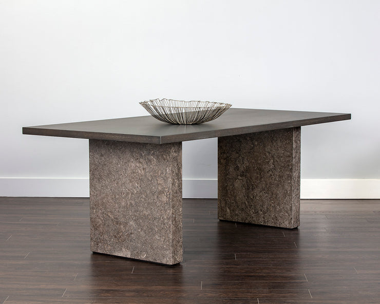 Table au design audacieux - plateau de chêne gris anthracite et base en marbre gris