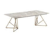 Table de conception raffinée - plateau en marbre gris - structure en fer géométrique fini laiton antique brossé