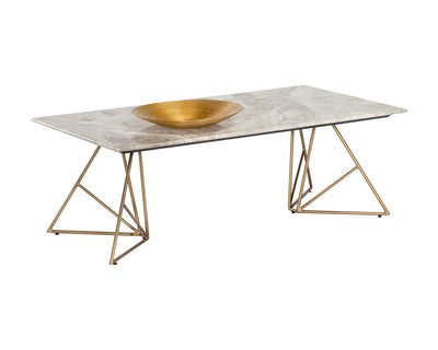 Table de conception raffinée - plateau en marbre gris - structure en fer géométrique fini laiton antique brossé