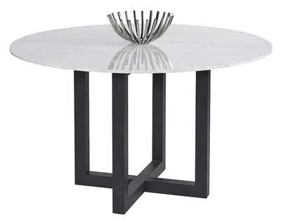 Table ronde au look contemporain et au design sophistiqué - plateau en marbre de carrera blanc muni d'une base en bois de chêne noir