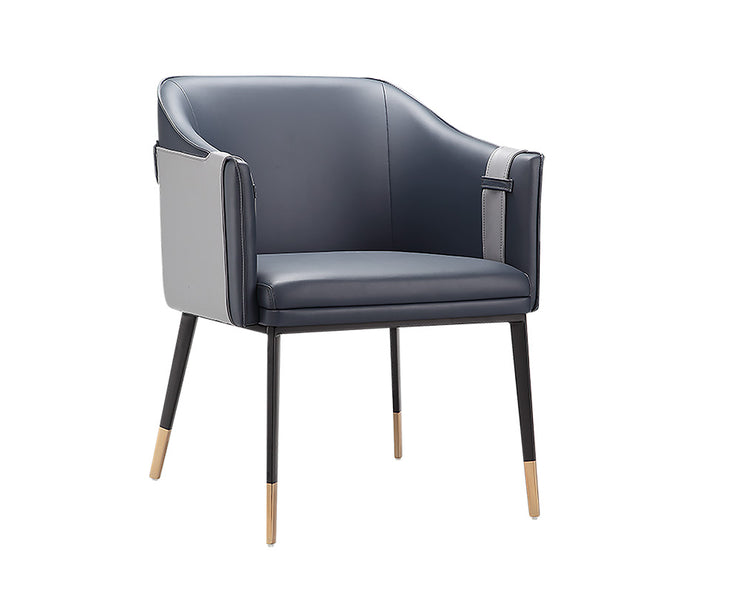 Chaise de salle à manger demi-tonneau au style unique - effet cuir - pieds en acier noir et embouts en cuivre - plusieurs couleurs disponibles