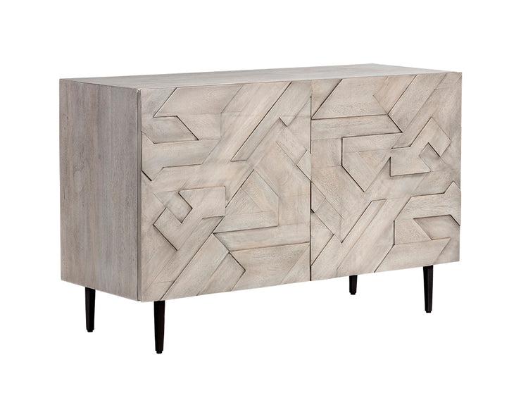 Buffet en bois de manguier, effet cérusé - 2 portes en bois, motif variés tridimensionnels