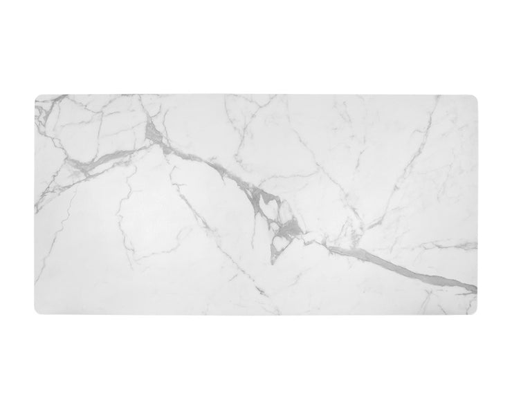 Table aux lignes épurées - plateau en céramique blanche incrusté de lignes grises donnant un aspect de marbre - bois d'hévéa marron