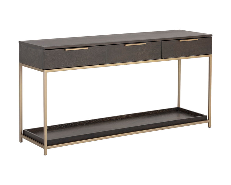 Table console moderne - placage de chêne - trois tiroirs et une étagère pour plus de rangement