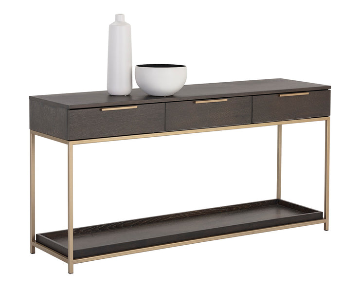 Table console moderne - placage de chêne - trois tiroirs et une étagère pour plus de rangement