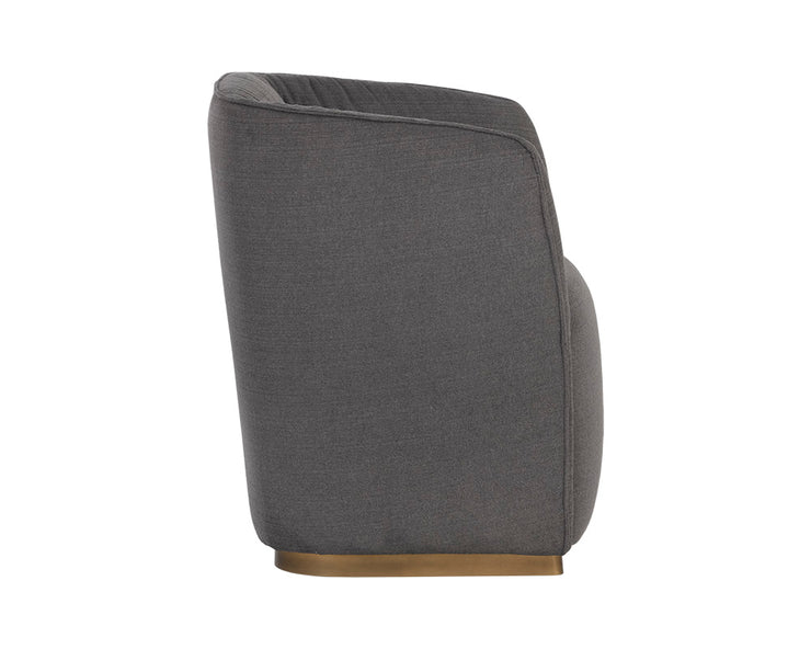 Chaise de salle à manger demi-tonneau polyvalente en tissu gris graphite - base en acier, fini laiton antique