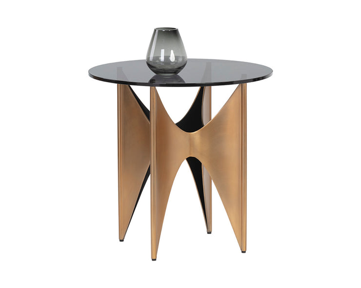 Table d'appoint sophistiquée - plateau en verre gris fumé - base acier inoxydable au fini or antique brossé