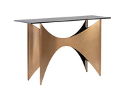 Table console glamour avec base en acier inoxydable au or antique brossé et plateau en verre gris fumé