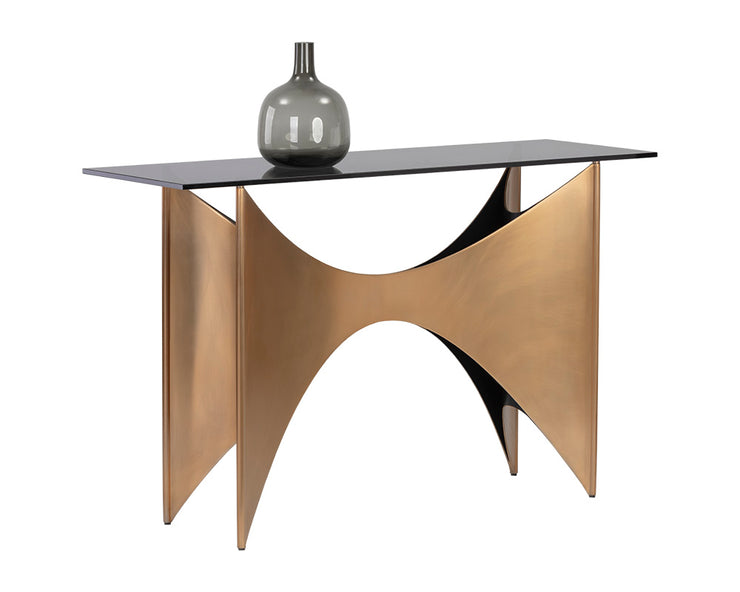 Table console glamour avec base en acier inoxydable au or antique brossé et plateau en verre gris fumé