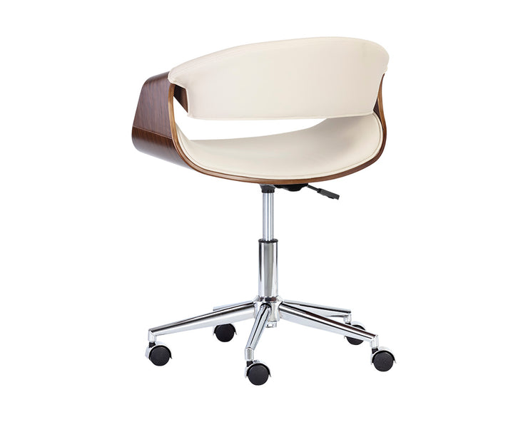 Chaise de bureau moderne - siège sculpté en bois de noyer brun, cuir synthétique crème et base en acier chromé
