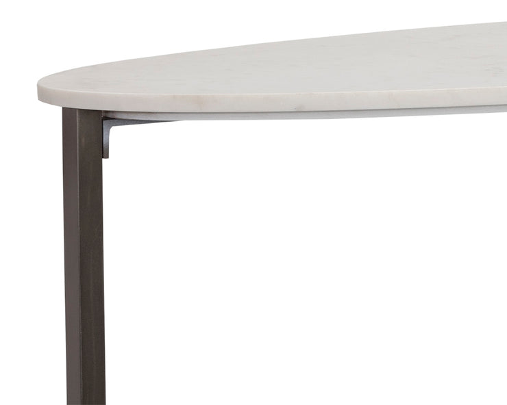 Table console ovale en marbre blanc - structure croisée en acier inoxydable fini marron