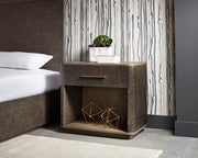 Lit et meubles d'inspiration rétro - revêtement de cuir synthétique - structure de bois de chêne gris