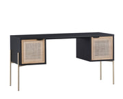 Bureau en bois de chêne noir au design unique avec ses armoires en rotin naturel et ses pieds en fer doré