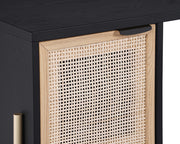Bureau en bois de chêne noir au design unique avec ses armoires en rotin naturel et ses pieds en fer doré