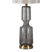 Lampe de table en verre bullé gris clair - base en acier, fini bronze - abat-jour couleur champagne soyeux