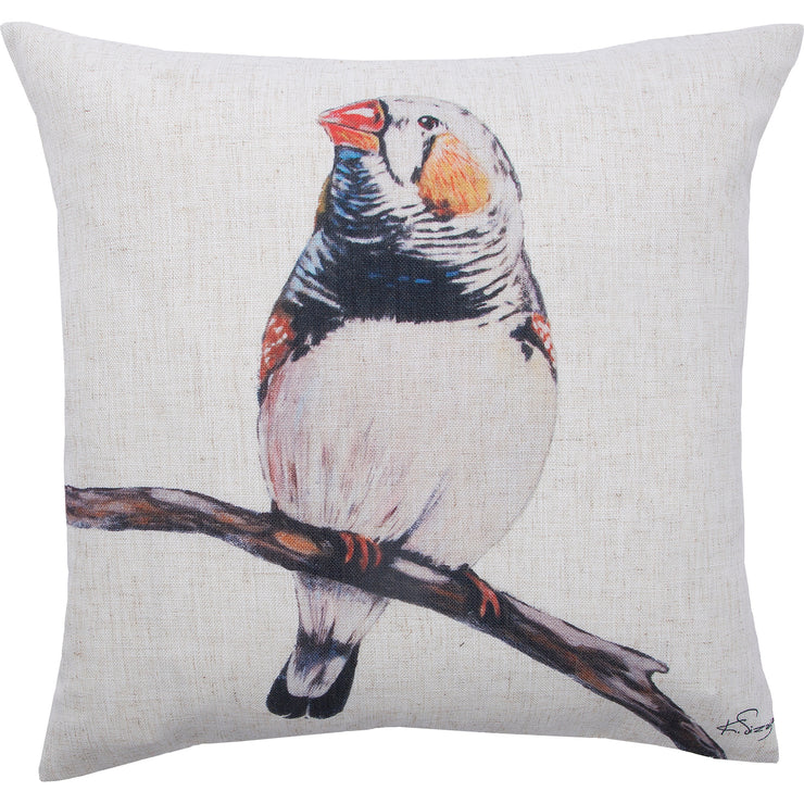 Coussin combinant lin et polyester et dos en poly-velours - représentation d'oiseaux - 95% plume, 5% de duvet